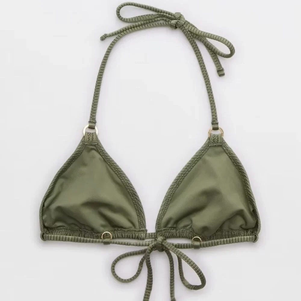 Aerie NWT Shine Rib String Triangle Bikini Top in Olive Fun size Large